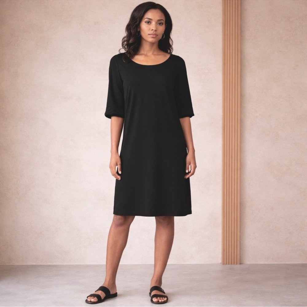 Eileen Fisher Grey Cotton Midi Dress Scoop‎ Neck  Minimalist Size Large
